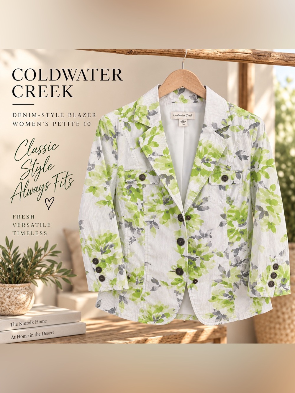 Coldwater Creek 10P Floral Snap Front Blazer Jacket Green Gray NWT